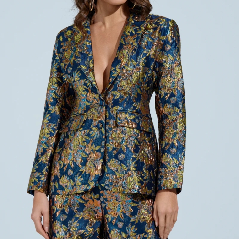 Floral Brocade Women's Blazer - Blue and Gold